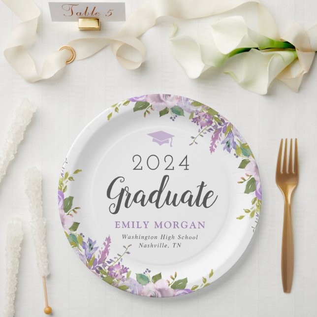Lilac Floral Personalisiert Graduation Party Pappteller (Hochzeit)