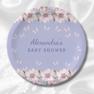 Lilac Floral Pink Butterfly Babydusche Pappteller
