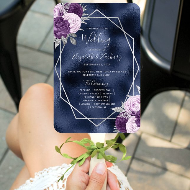 Lilac Floral Silver Navy Foil Wedding Program Fächer (Von Creator hochgeladen)