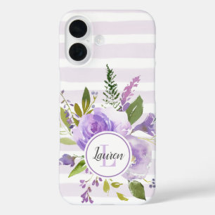 Lilac Floral und Streifen Monogramm iPhone 16 Hülle