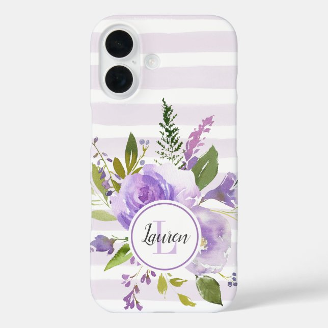 Lilac Floral und Streifen Monogramm Case-Mate iPhone Hülle (Rückseite)
