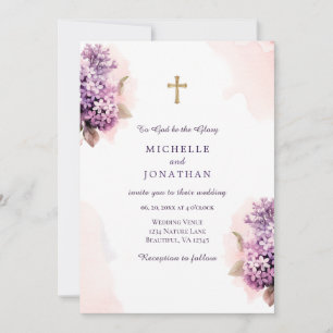 Lilac Floral Watercolor Christliche Cross Wedding Einladung