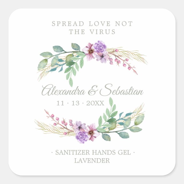Lilac Floral Wreath Wedding Sanitizer Hand Gel Quadratischer Aufkleber (Vorderseite)