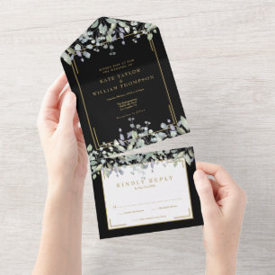 Lilac Foliage Black and Gold Monogram Wedding All In One Einladung