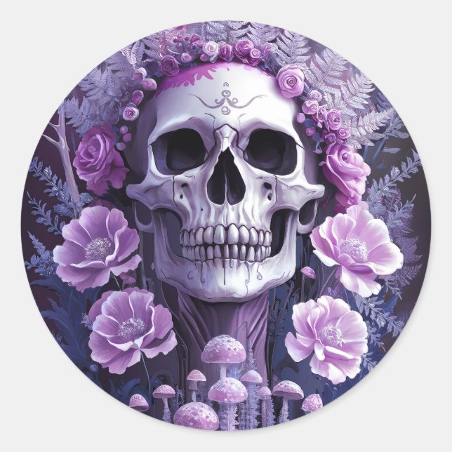 Lilac Garden Goth Skull, Lila Fantasy Runder Aufkleber (Vorderseite)