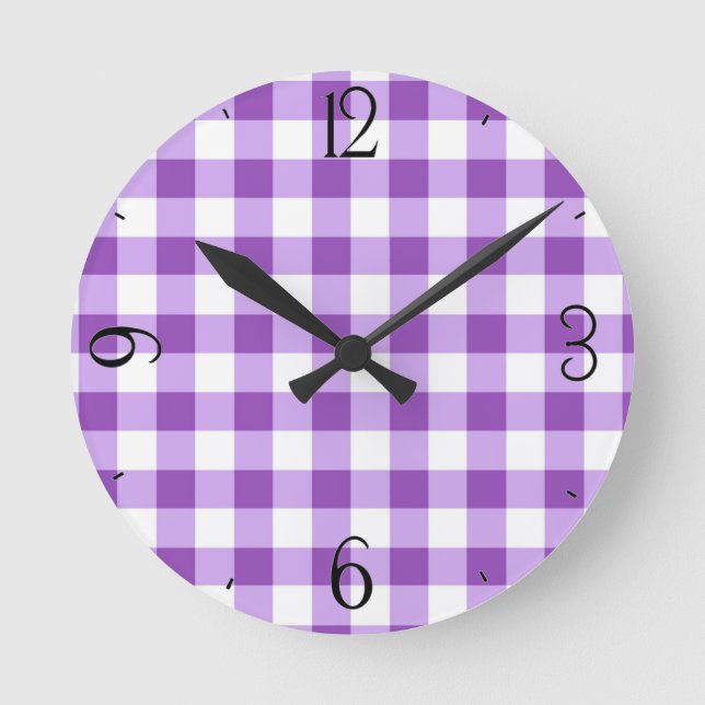 Lilac Gingham Clock Runde Wanduhr (Vorderseite)