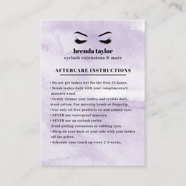Lilac Glam Eyelash Browbar Aftercare Instructions Visitenkarte (Vorderseite)