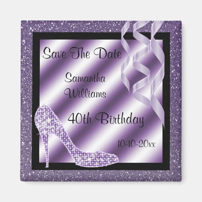 Lilac Glittery Stiletto & Streamers 40. Geburtstag Magnet (Vorne)