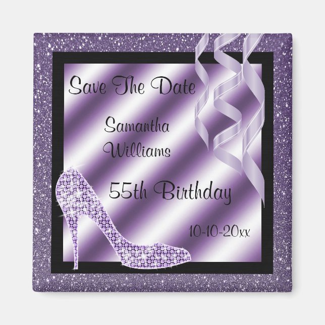 Lilac Glittery Stiletto & Streamers 55. Geburtstag Magnet (Vorne)