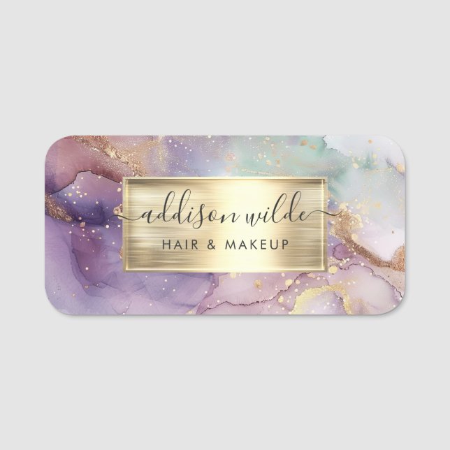 Lilac Glitzer Watercolor Imitate Golden Fossil Namensschild (Vorderseite)