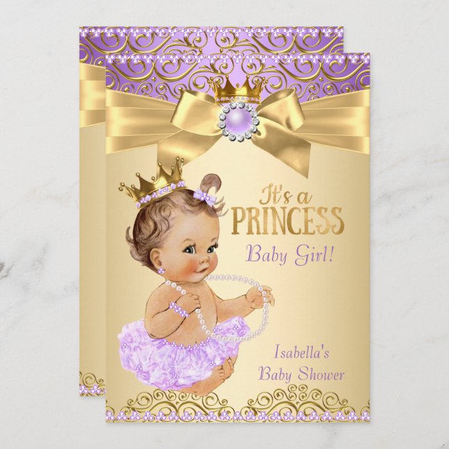Lilac Gold Ballerina Princess Baby Dusche Brünett Einladung (Vorne/Hinten)