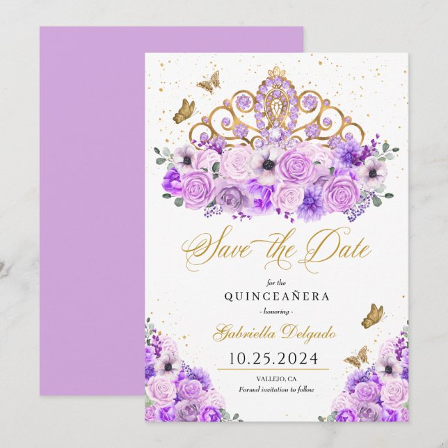 Lilac & Gold Tiara Save the Date Quinceañera Einladung (Vorne/Hinten)