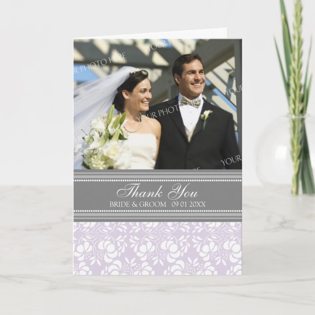 Lilac Gray Foto Wedding Dankeschön Card Dankeskarte (Vorderseite)