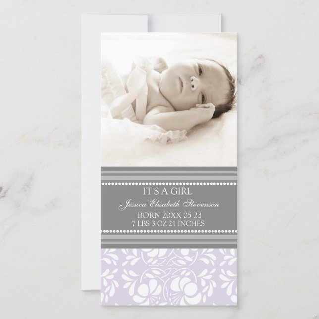 Lilac Gray Template New Baby Birth Ankündigung (Vorderseite)