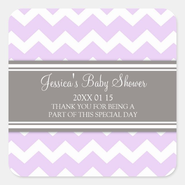 Lilac Gray Zickzack Baby Shower Pflegeaufkleber Quadratischer Aufkleber (Vorderseite)