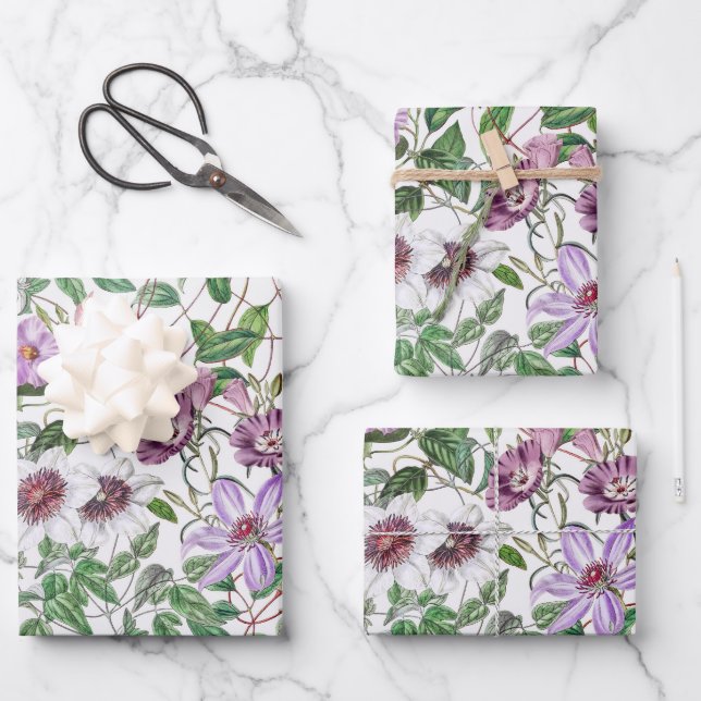 Lilac Green White Vintag Botanische Blume Geschenkpapier Set (Vorderseite)