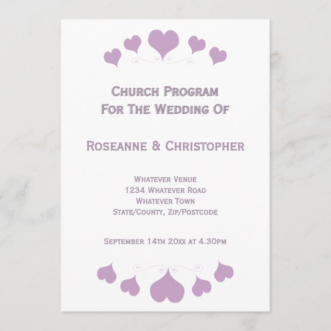 Lilac Hearts Design Hochzeit Programm (Vorderseite)