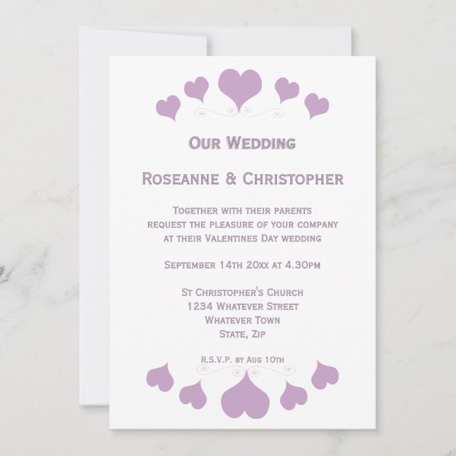 Lilac Hearts Design Wedding Einladung (Vorderseite)