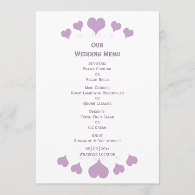 Lilac Hearts Design Wedding Menükarte (Vorderseite)