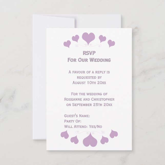 Lilac Hearts Design Wedding RSVP Karte (Vorderseite)