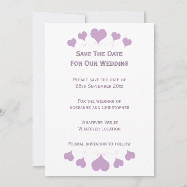 Lilac Hearts Design Wedding Save The Date (Vorderseite)