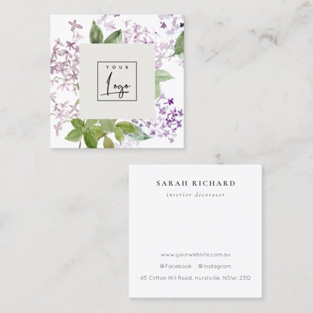 Lilac Hütte Garden Wasserfarbe Blumenstempel Logo Quadratische Visitenkarte (Vorne/Hinten)