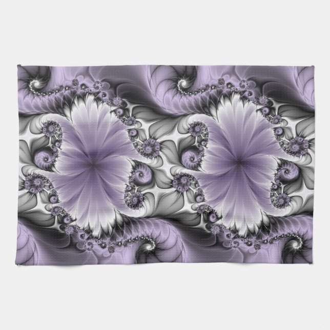 Lilac Illusion Abstraktes florales Fraktal Kunstfa Geschirrtuch (Horizontal)