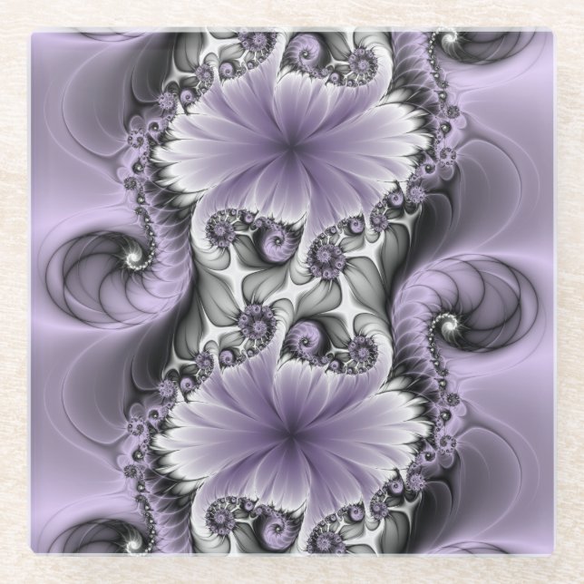 Lilac Illusion Abstraktes florales Fraktal Kunstfa Glasuntersetzer (Vorderseite)