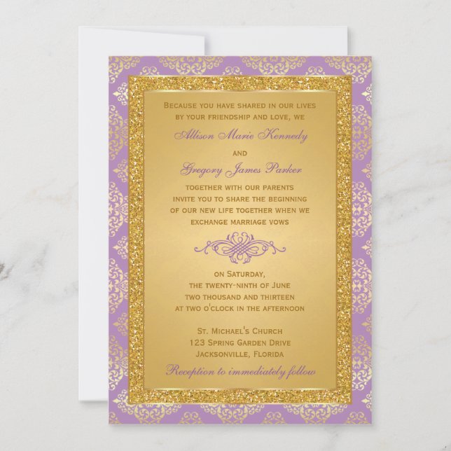 Lilac, IMITAT Glitzer, Damask Weditation Einladung (Vorderseite)