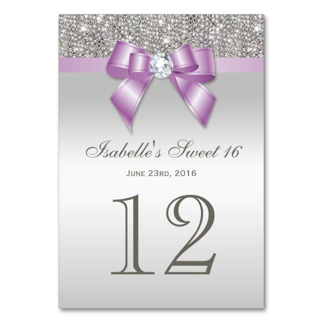 Lilac Imitats Bow Silver Sequins Sweet 16 Tischnummer (Vorderseite)