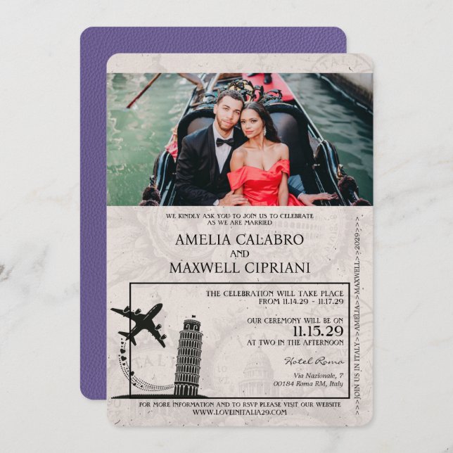 Lilac Italy Passport Wedding Einladung (Vorne/Hinten)