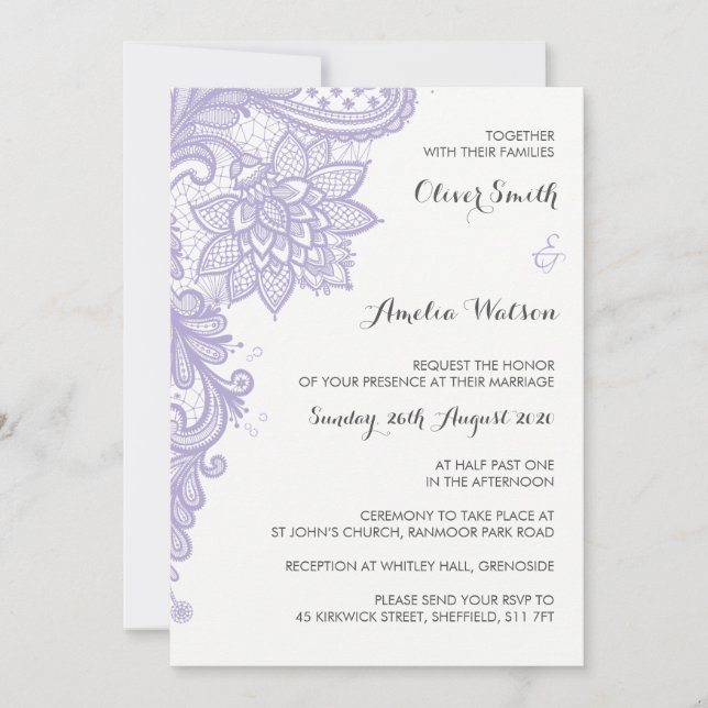 Lilac Lace Hochzeit Einladung (Vorderseite)