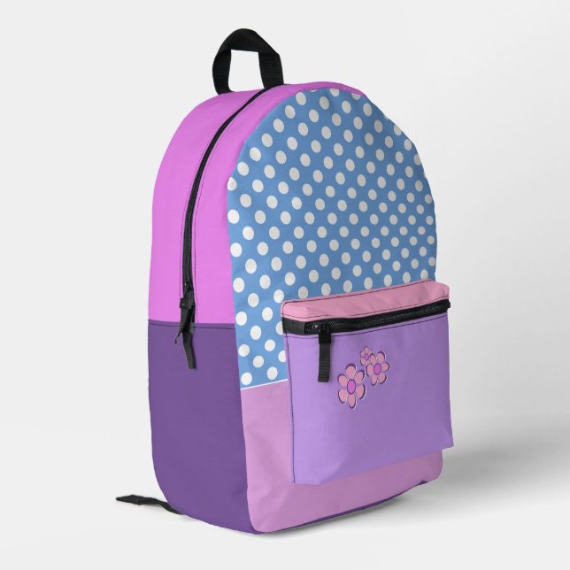 Lilac, Lavendel und Rose, Punkte und Blume Bedruckter Rucksack (Rückseitige Ecke links)