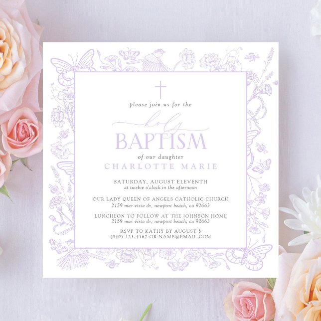 Lilac Lavender Floral Butterflies Einladung (Holy Baptism Invitation!)