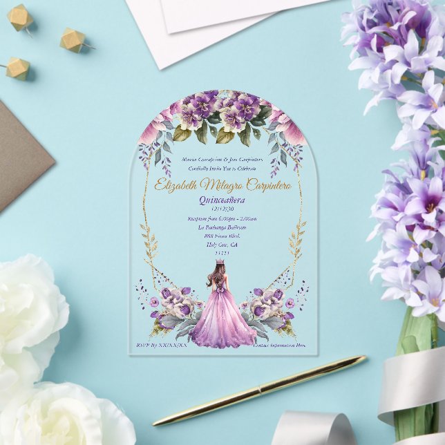Lilac Lavender Floral Quinceañera Acryleinladungen (Insitu (Hochzeit))