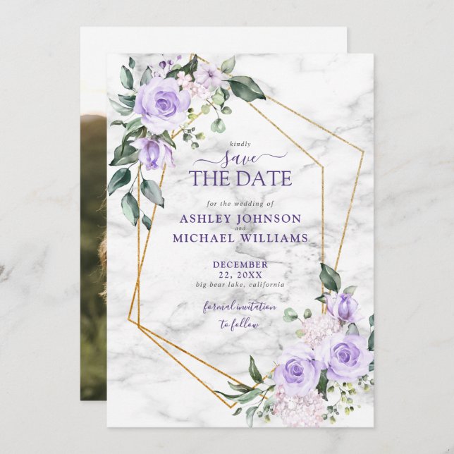 Lilac Lavender Gold Geometric Foto Save the Date (Vorne/Hinten)