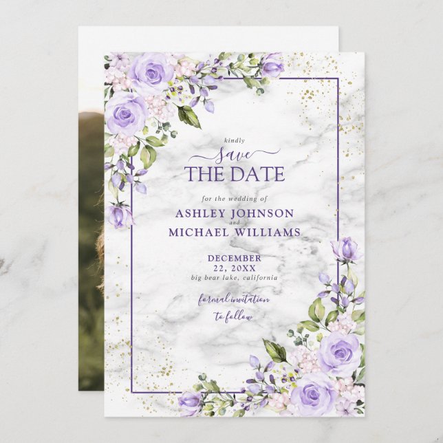 Lilac Lavender Gold Geometric Foto Save the Date (Vorne/Hinten)