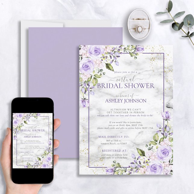 Lilac Lavender Gold Marble Floral Virtual Dusche Einladung (Von Creator hochgeladen)