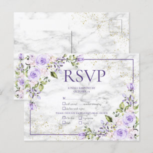 Lilac Lavender Gold Marble Floral Wedding RSVP Einladungspostkarte
