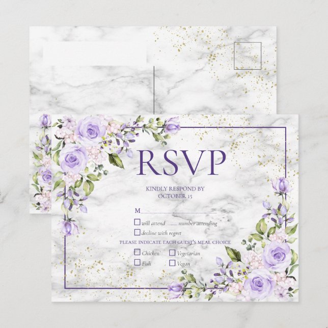 Lilac Lavender Gold Marble Floral Wedding RSVP Einladungspostkarte (Vorne/Hinten)