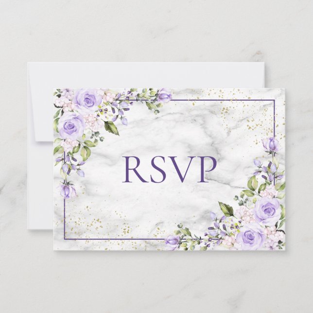 Lilac Lavender Gold Marble Floral Wedding RSVP Karte (Vorderseite)