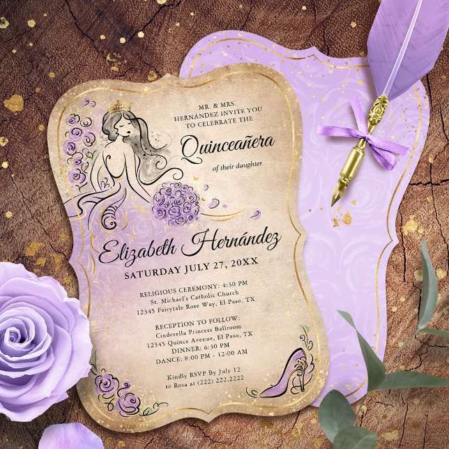 Lilac Lavender Gold Princess Quinceanera Birthday Einladung (A unique, elegant princess themed lilac lavender and gold invitation template editable by you.)