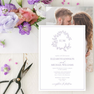 Lilac Lavender Leafy Wappen Monogram Foto Wedding Einladung