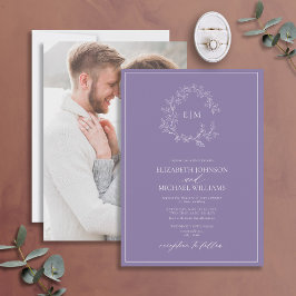 Lilac Lavender Leafy Wappen Monogram Foto Wedding Einladung