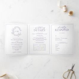Lilac Lavender Leafy Wappen Monogram Wedding Dreifach Gefaltete Einladung