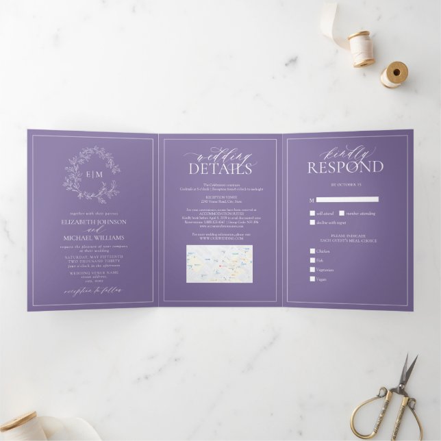 Lilac Lavender Leafy Wappen Monogram Wedding Dreifach Gefaltete Einladung (Innenseite)