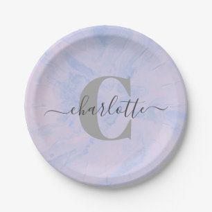 Lilac Lavender Marble Elegant Monogram Name Pappteller