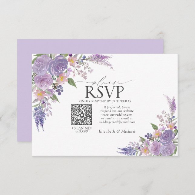 Lilac Lavender Mauve Floral QR Code Wedding RSVP (Vorne/Hinten)