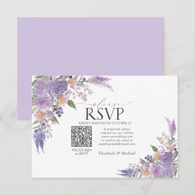 Lilac Lavender Mauve Floral QR Code Wedding RSVP Karte (Vorne/Hinten)