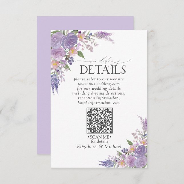 Lilac Lavender Mauve Floral QRCode Wedding Details Begleitkarte (Vorne/Hinten)